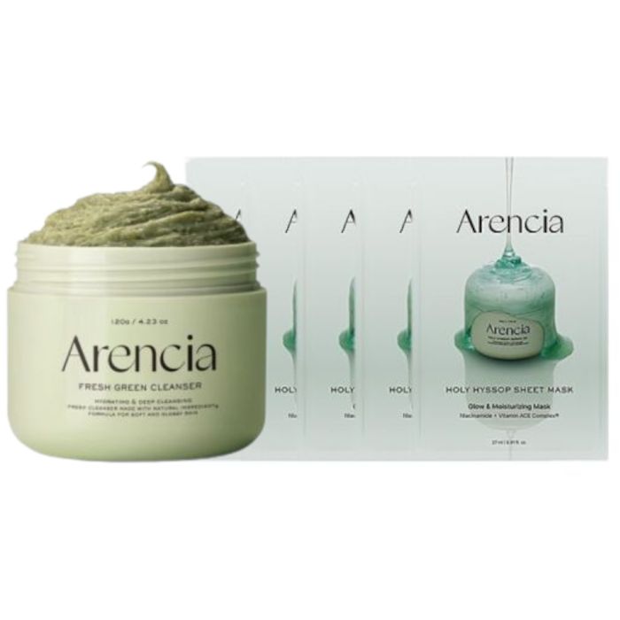 Arencia Fresh Green Rice Mochi Cleanser - 120g & Holy Hyssop Sheet Mask - 5pcs Set