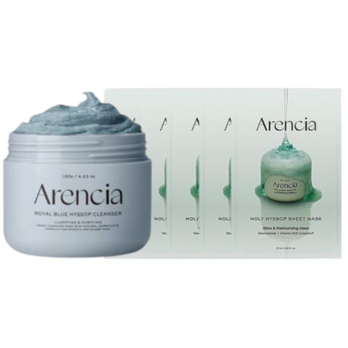 Arencia Fresh Royal Blue Rice Mochi Cleanser - 120g & Holy Hyssop Sheet Mask - 5pcs Set