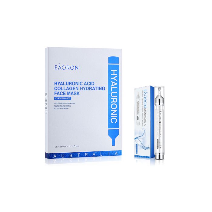 EAORON Hyaluronic Acid Collagen Hydrating Face Mask - 5pcs + Essence V - 10ml (1ea) Set