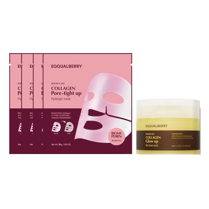 EQQUALBERRY Collagen Hydrogel Glow Up Mask (4ea) X Glow Up Gel Toner Pads - 140ml/60pads (1ea) Set