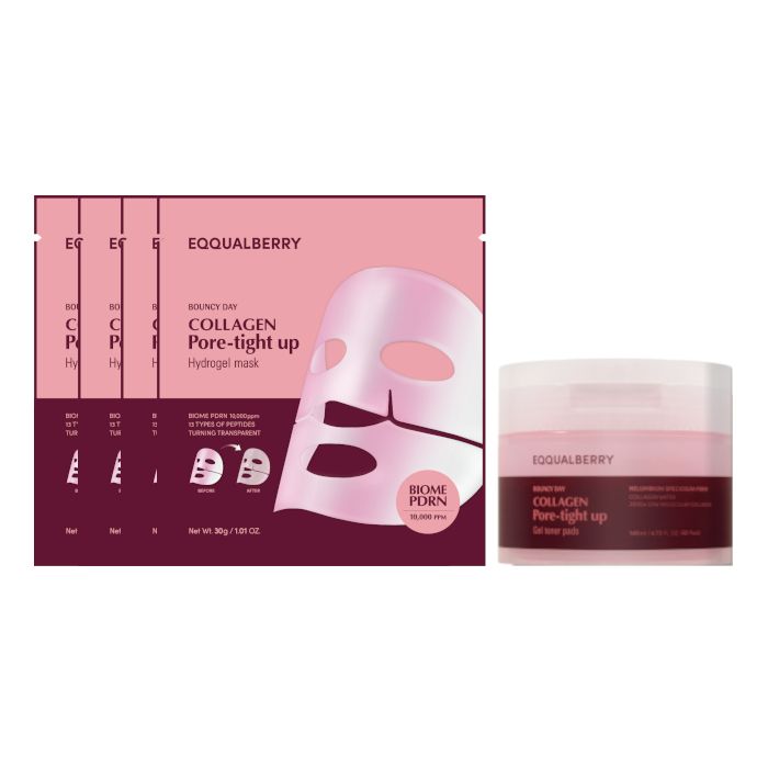 EQQUALBERRY Collagen Hydrogel Pore-Tight Up Mask (4ea) X Pore-Tight Up Gel Toner Pads - 140ml/60pads (1ea) Set