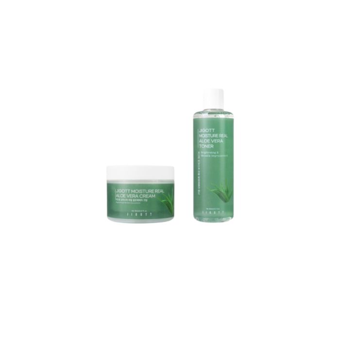 Jigott Moisture Real Aloe Vera Toner - 300ml (1ea) + Moisture Real Aloe Vera Cream - 150ml (1ea) Set