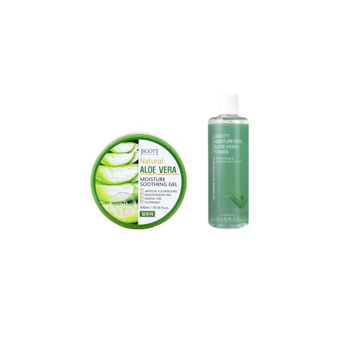 Jigott Moisture Real Aloe Vera Toner - 300ml (1ea) + Natural Aloe Vera Moisture Soothing Gel - 300ml (1ea) Set