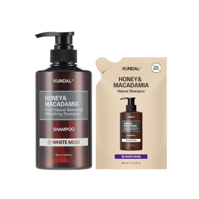 KUNDAL Honey & Macadamia Nature Shampoo - 500ml + Refill Pack 400lml Set - White Musk