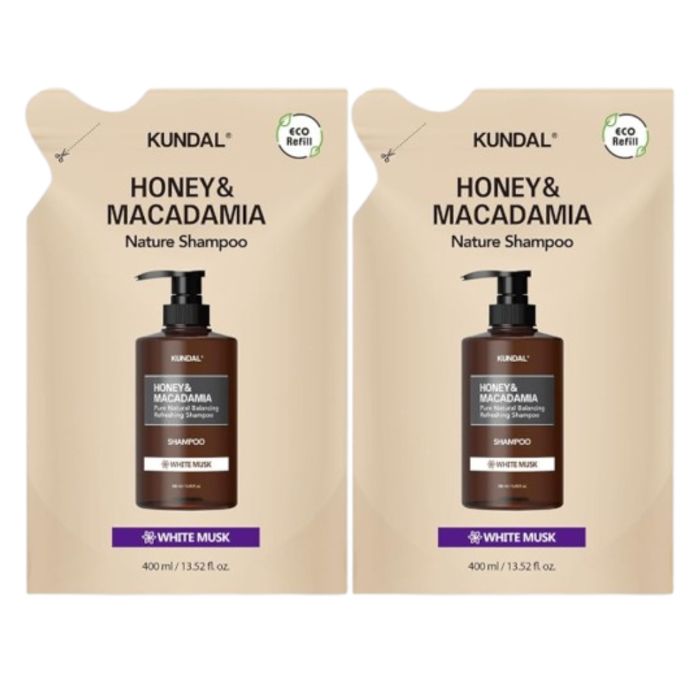 KUNDAL Honey & Macadamia Nature Shampoo - Refill Pack - 400ml DUO Set - White Musk