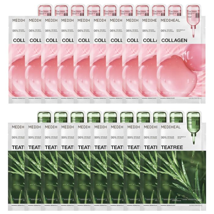Mediheal Collagen Essential Mask - 10pcs + Teatree Essential Mask - 10pcs Set