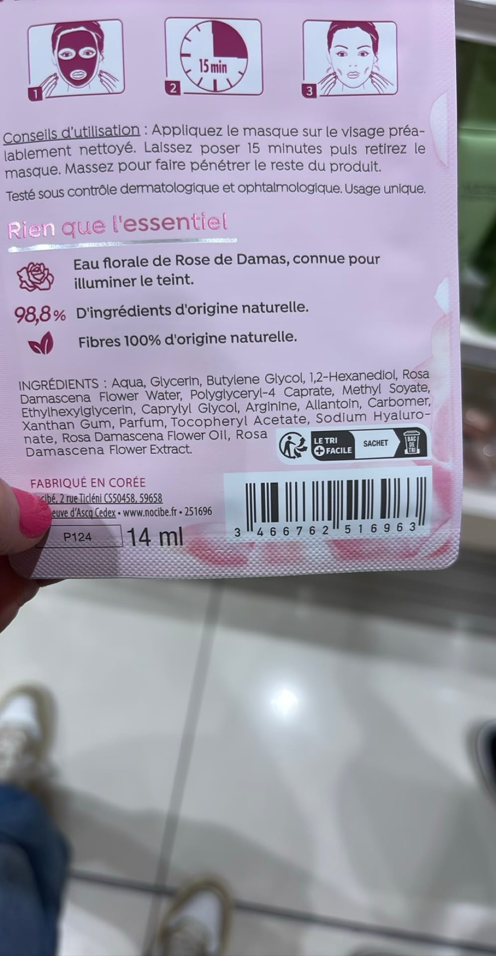 Nocibé face mask with Damask rose floral water (14 ml)